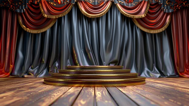 A stage with a wooden floor and red curtains photo