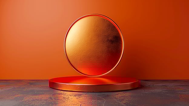 An orange oval on a pedestal in front of an orange wall photo