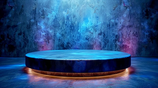 A round table in front of a wall with blue lights photo