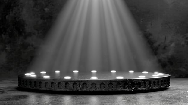 A black and white photo of a circular light fixture