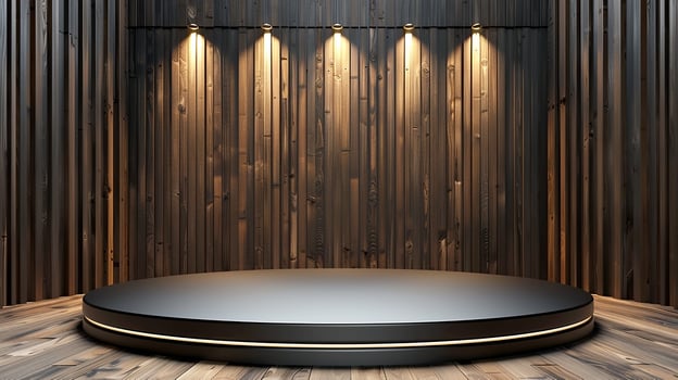 A room with a round stage and wooden walls photo