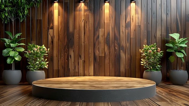 A wooden wall with plants and a round stage photo