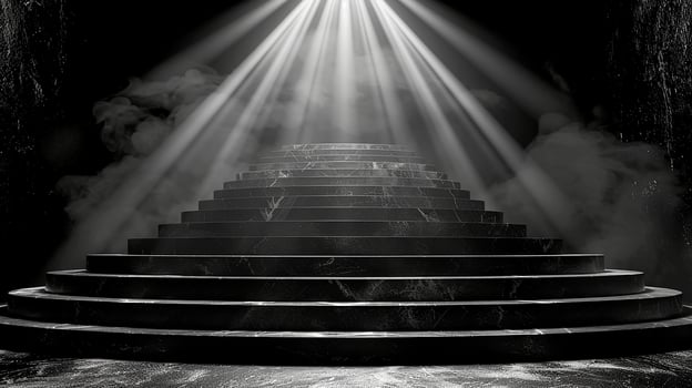 A black and white photo of a staircase with light shining down