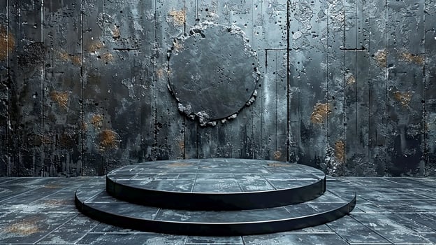 A large empty room with a circular stage in front of it photo