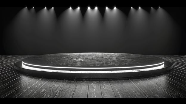 Black and white photo of a stage with lights