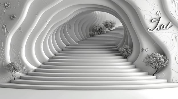 A stairway with a tree in the middle and a sign that says jal photo