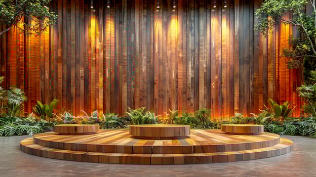 A wooden stage with plants and a wall behind it photo