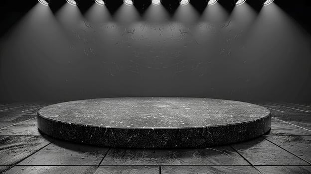 A black and white photo of a stage with lights