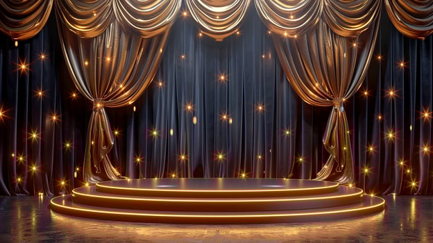 Stage with golden curtain and spotlight photo