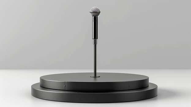A microphone on a stand in front of a white background photo