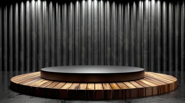 A black stage with a round table in front of a wall photo