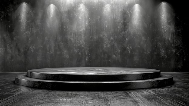 Black and white photo of a stage with spotlight