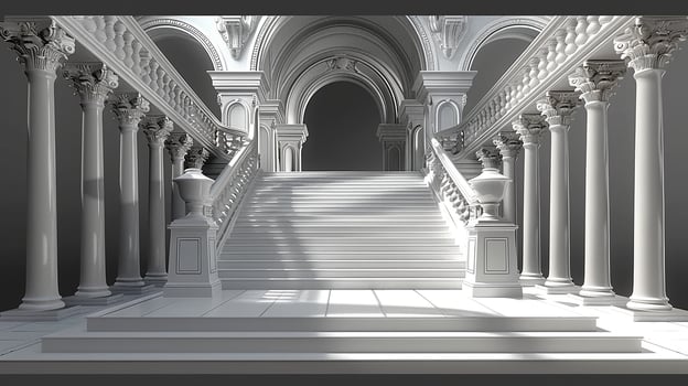 A staircase with columns and pillars in a room photo