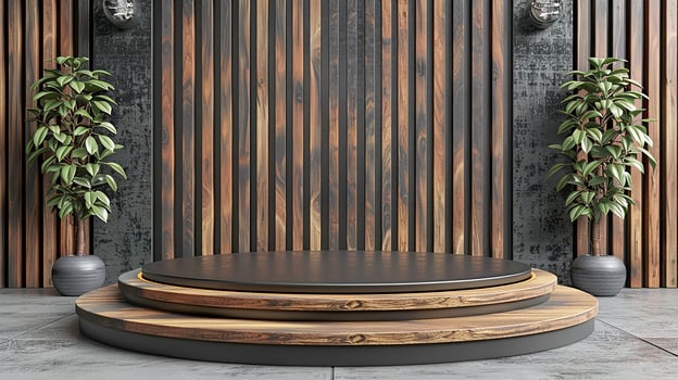 A wooden podium in front of a wall with plants photo