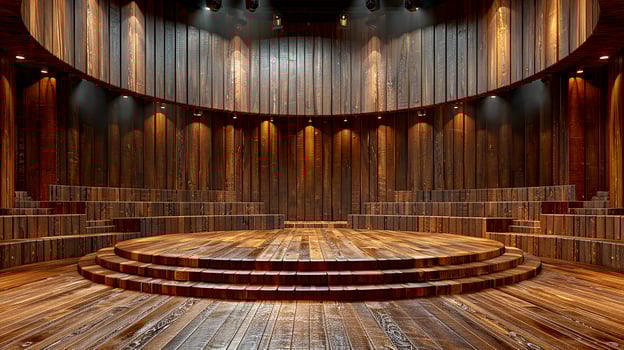 A large auditorium with wooden walls and a stage photo