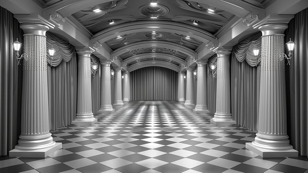 A black and white photo of a hallway with columns