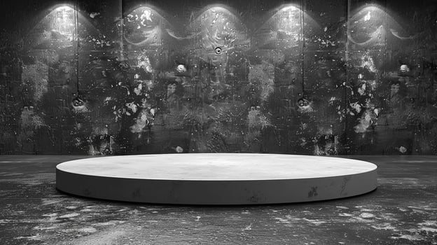 A black and white photo of a round table in front of a wall