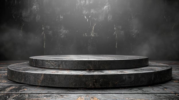 A black stage with a wooden floor and a podium photo