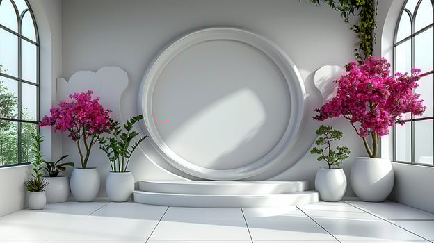 A white room with a large round window and flowers in vases photo