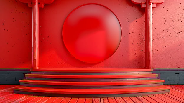 A red room with a red door and stairs photo