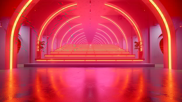 A red neon light is shining in a room with stairs photo