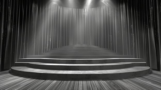 Black and white photo of a stage with a spotlight