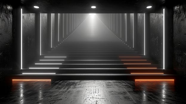 A dark room with stairs leading to the light photo