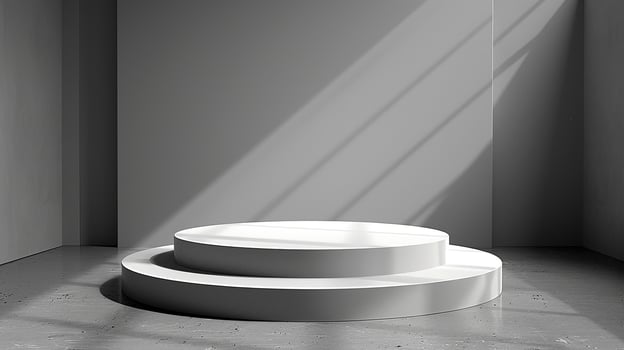 A white pedestal in a room with a wall photo