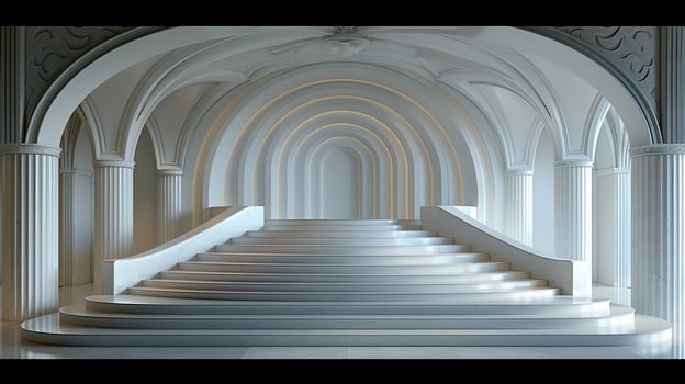 A large white staircase with pillars and arches photo