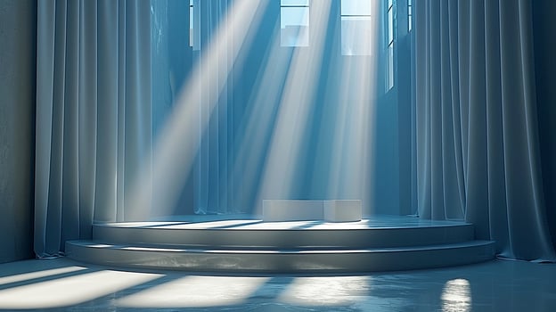 A room with a stage and curtains photo