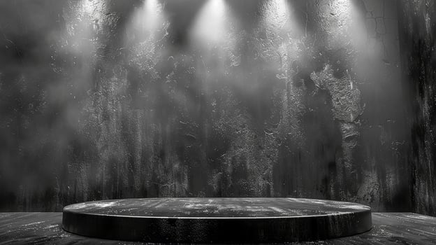 Black and white photo of a stage with lights