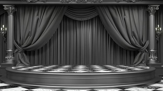 Black and white stage with curtains and a black and white checkered floor photo
