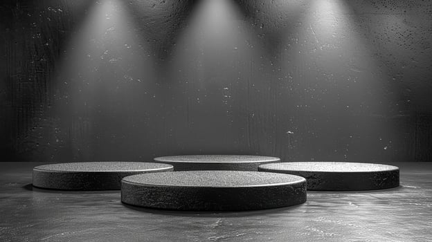 Black and white photo of three round pedestals on a stage
