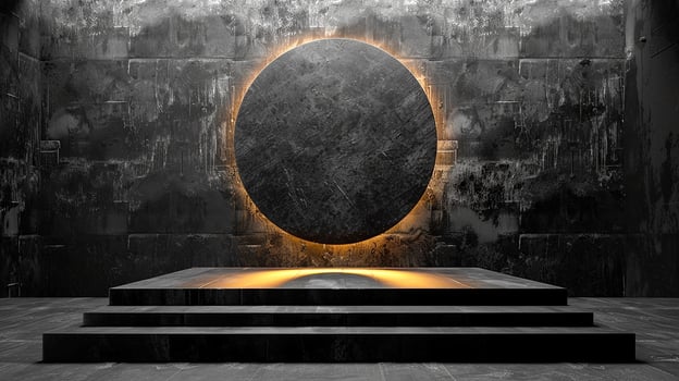 A black room with a circular light on the wall photo