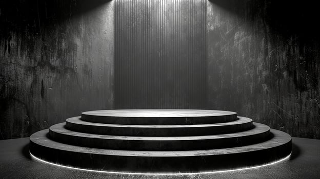 Black and white photo of a stage with steps