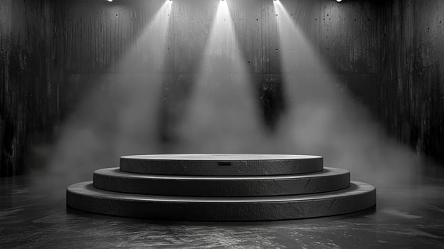 AI generated black and white photo of a stage with a spotlight