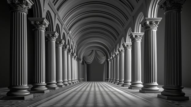 AI generated a long hallway with columns and a checkered floor photo