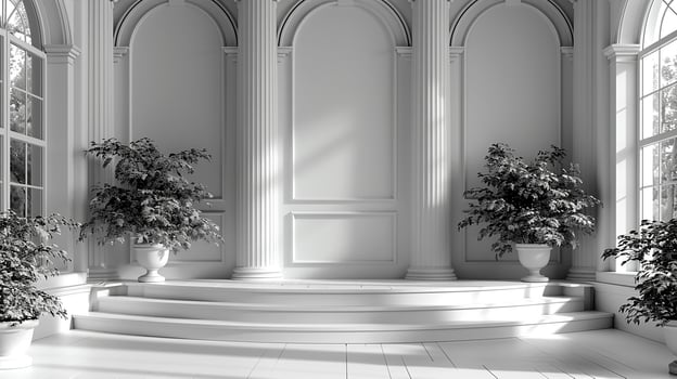 AI generated a black and white photo of a room with potted plants