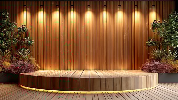 AI generated a stage with lights and plants in front of it photo