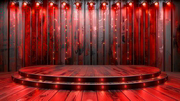 AI generated red stage with lights and wooden floor photo