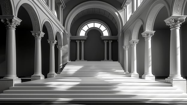 AI generated a black and white photo of a staircase in a church