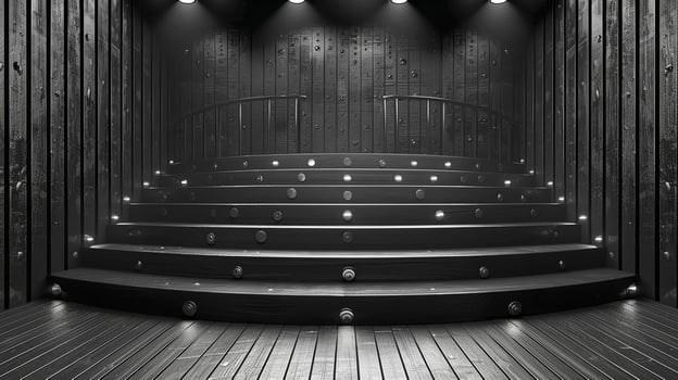 AI generated black and white photo of a room with stairs