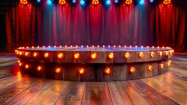 AI generated a stage with a wooden floor and red curtains photo