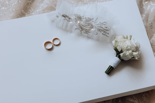 Stylish wedding rings. Letters from the bride and groom. Promises Engagement. Luxury marriage and wedding accessory concept. two wedding rings and a wedding invitation photo