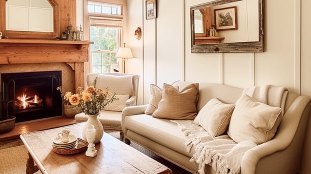 AI generated Farmhouse cottage interior design, home decor, sitting room and living room, sofa and furniture in English country house style photo