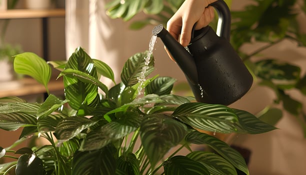 AI generated Female hands spray watering plants at home photo