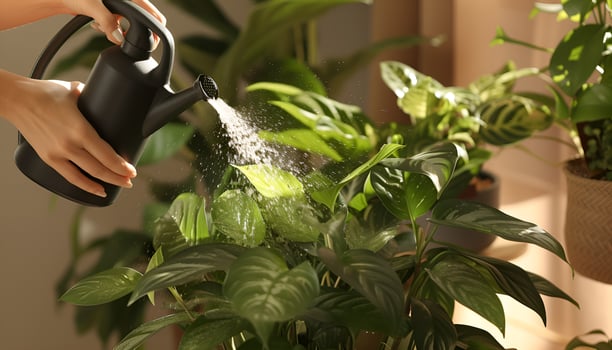 AI generated Female hands spray watering plants at home photo