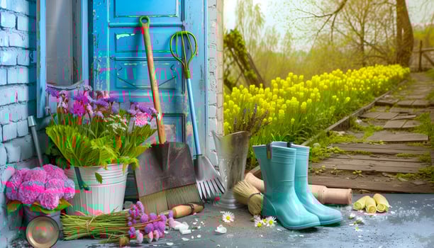 AI generated composition of gardening tools and flowers photo
