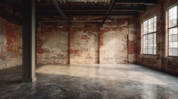 AI generated Empty Old Warehouse with Industrial Loft Style. Brick Wall, Concrete Floor, Black Steel Roof photo