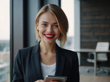 AI generated Young happy businesswoman using digital tablet while standing by the window in the office photo